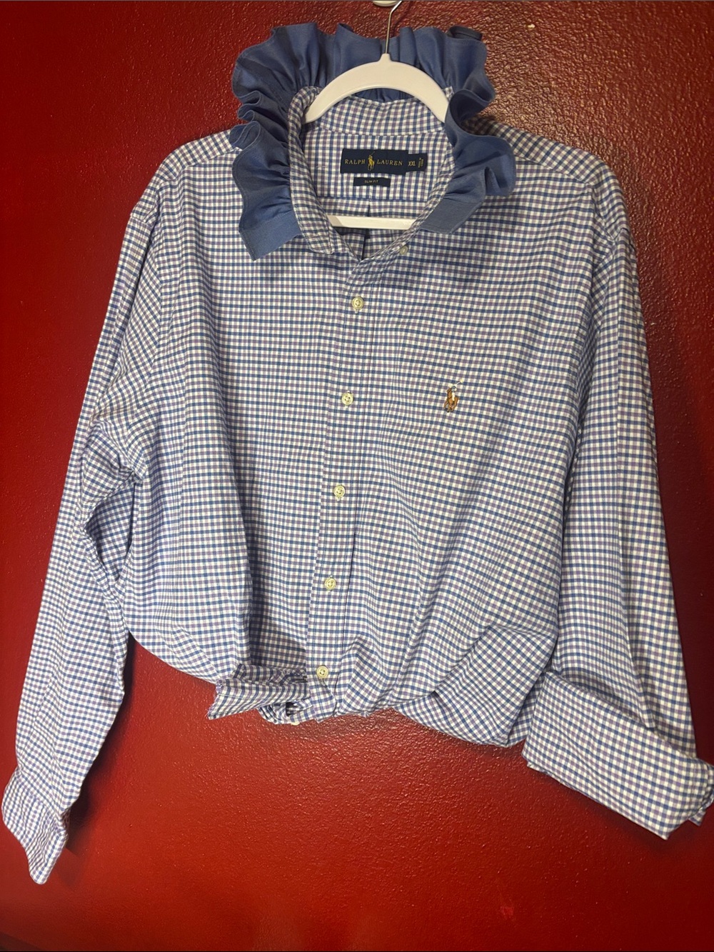 Upcycled/Reloved Ralph Lauren Blue/White/Purple Gingham Ruffled Collar Shirt